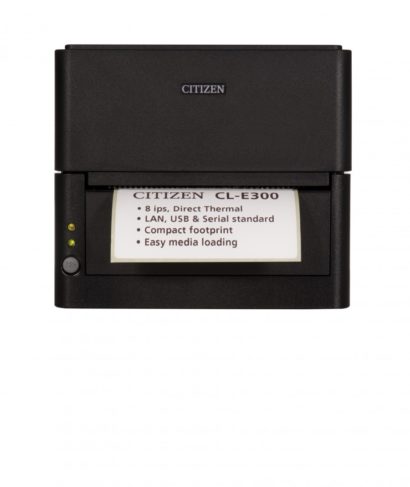 Citizen CL E300 Desktop Label Printer Front Facing With Label