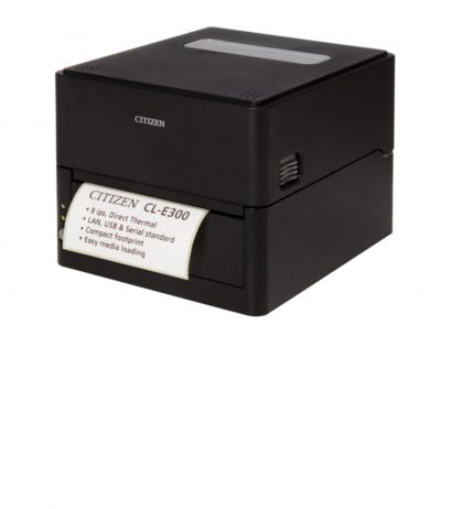 Citizen CL E300 Desktop Label Printer Left Facing With Label