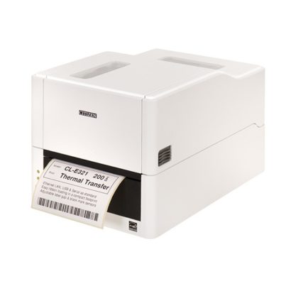 Citizen CL E321 Desktop Label Printer White Side On With Label