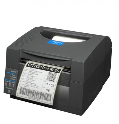 Citizen CL S521 Desktop Label Printer Black Facing Left With Label