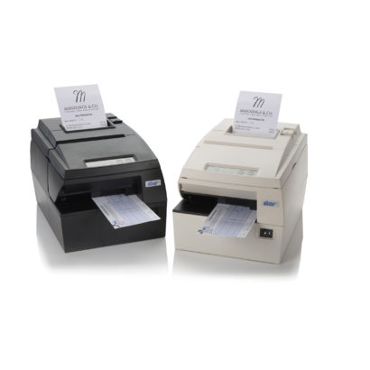 HSP700 hybrid receipt printer front facing dark grey and white versions angled inwards