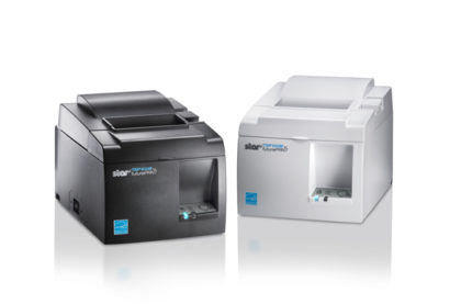 Star TSP100III EPOS Printer black and white versions angled towards each other