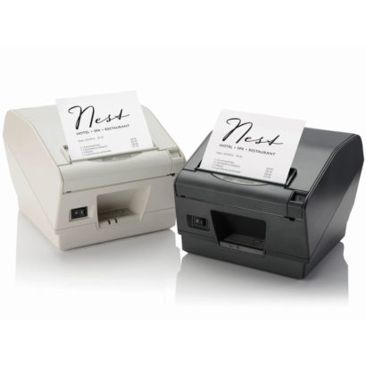Star TSP800II Thermal Receipt Printer Black And White versions angled towards each other
