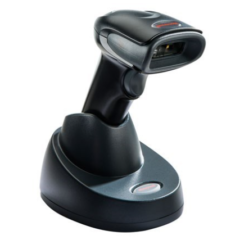 Honeywell Voyager 1452g wireless barcode scanner on stand facing right