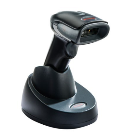 Honeywell Voyager 1452g wireless barcode scanner on stand facing right