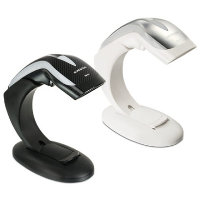 Heron HD3100 Barcode Scanner Black And White Versions On Stand Facing Right