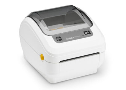 Angled view of the Zebra GK420D Healthcare label printer in a sleek white design, featuring a compact form, easy-to-clean surface, and direct thermal printing technology, ideal for healthcare environments requiring efficient and hygienic label printing.