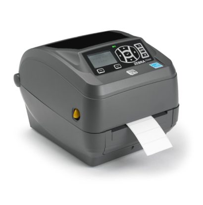 Zebra ZD500 Thermal Transfer Compact Desktop Barcode Label Printer Right Facing With Label