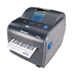 Honeywell PC43D Desktop Label Printer left facing with paper