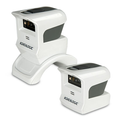 Datalogic Gryphon™ I GPS4400 On Counter Presentation Omnidirectional Bar Code Scanner white facing left on stand and off stand
