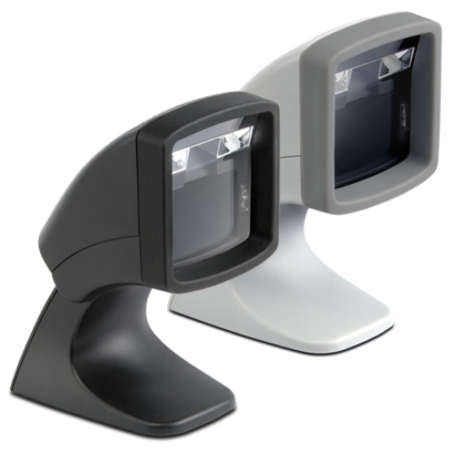 Datalogic Magellan™ 800i On Counter Presentation Omnidirectional Bar Code Scanner black and white right facing grey background