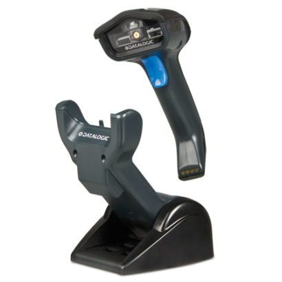 Datalogic Gryphon I GM4100 Linear Imager Barcode Scanner right facing black hovering above stand