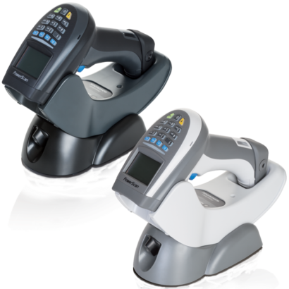 PowerScan PM9500 Barcode Scanner Black And White In Charge Facing Left