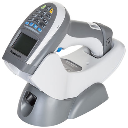 PowerScan PM9500 Barcode Scanner White In Charger Facing Left