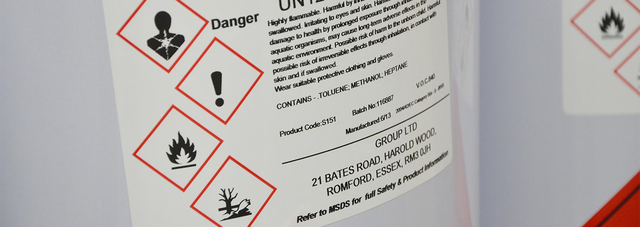 Example of a label, on a bottle containing chemical, produced using thermal transfer printing.