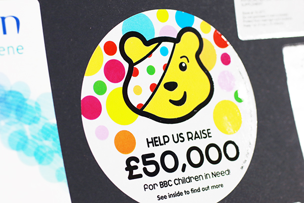 Examples of custom large labels for Charities' Donation Tins eg. BBC Children in Need.