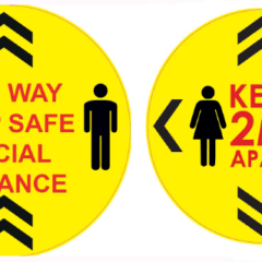Yellow circle Covid labels with wording "One Way Keep Safe Social Distance"