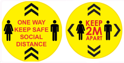 Yellow circle Covid labels with wording "One Way Keep Safe Social Distance"
