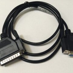 This is an image of a Zebra RS232 black serial communication cable with a DB9 connector, used for connecting Zebra devices to computers or other hardware via a serial port.