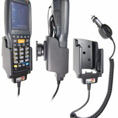 Brodit vehicle charge station 512568 in black, designed to securely hold and charge compatible devices like handheld scanners or terminals in vehicles, featuring a coiled power cable for convenient connectivity.
