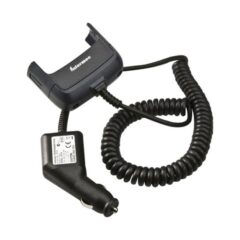 Honeywell CN50 vehicle power adaptor 852-070-011, black car charger with coiled cable designed to power and charge Honeywell CN50 devices securely in vehicles.