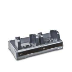 Honeywell 2-slot charging station DX2A21120, black desktop charging dock designed to charge and organize two Honeywell handheld devices simultaneously for efficient workspace management.
