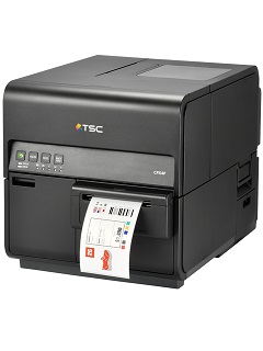 TSC CPX4 Color Label Printer, a compact black industrial printer printing a colorful barcode label. Designed for high-quality color label printing in manufacturing, logistics, and retail environments, featuring a user-friendly control panel and versatile connectivity options for efficient labeling.