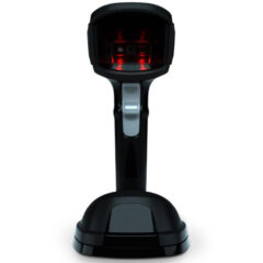 Front view of the Zebra DS9908 RFID hybrid scanner designed for retail, featuring a sleek black design with advanced RFID and barcode scanning capabilities. Combines handheld and hands-free operation for fast, accurate item identification, enhancing checkout efficiency and inventory management.