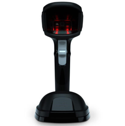 Front view of the Zebra DS9908 RFID hybrid scanner designed for retail, featuring a sleek black design with advanced RFID and barcode scanning capabilities. Combines handheld and hands-free operation for fast, accurate item identification, enhancing checkout efficiency and inventory management.