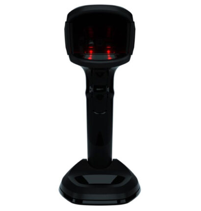 Front view of the Zebra DS9908 Hybrid Imager designed for retail, featuring a sleek black design with hybrid functionality for both handheld and hands-free operation. Equipped with advanced scanning technology, it delivers fast and accurate 1D and 2D barcode capture to enhance checkout efficiency and customer experience in retail environments.