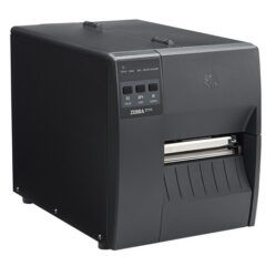 Angled view of the Zebra ZT111 industrial label printer, featuring a compact and durable design with a monochrome LCD display and physical navigation buttons, designed for reliable and efficient label printing in light to medium industrial applications.