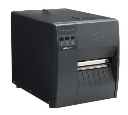 Angled view of the Zebra ZT111 industrial label printer, featuring a compact and durable design with a monochrome LCD display and physical navigation buttons, designed for reliable and efficient label printing in light to medium industrial applications.