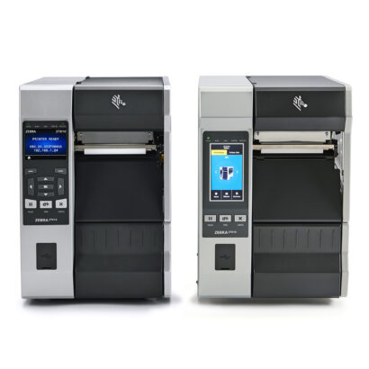 Front-facing view of two Zebra ZT610 industrial label printers, showcasing their durable design, advanced printing capabilities for high-volume and precision labeling in demanding industrial environments, and two display options: a standard monochrome LCD display on the left and a full-colour touchscreen display on the right.