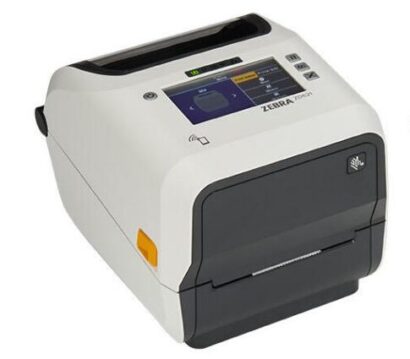 Zebra ZD621T HC Thermal Transfer Premium Healthcare Desktop Label Printer in white, featuring a color touchscreen interface and compact design, optimized for medical and healthcare labeling needs."