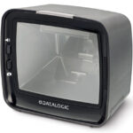 On-counter Datalogic Magellan™ 3450VSi barcode scanner with a black and gray design and a large transparent scanning window. The scanner is designed for retail checkout counters, featuring advanced digital imaging, high-speed barcode reading, and reliable performance for 1D and Digimarc® barcodes.