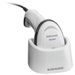 Datalogic Gryphon™ I GD4500 2D Healthcare Barcode Reader in white, placed in its charging cradle. The handheld scanner features a sleek ergonomic design, a large scan window, and is optimized for healthcare environments to scan patient wristbands and medical equipment efficiently.