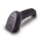 Black Datalogic QuickScan QBT2500 wireless handheld barcode scanner with ergonomic design and integrated Bluetooth symbol. The scanner features a compact shape with a blue trigger button, suitable for retail, healthcare, and logistics environments. Designed for fast, reliable 2D barcode scanning with wireless connectivity and durable construction for demanding industrial and commercial applications.