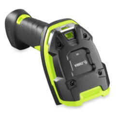 Zebra LI3608-SR Corded Linear Imager, featuring a rugged design with a black and neon green exterior, built for advanced 1D barcode scanning in challenging environments.