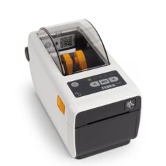 ZD411d-HC 2-inch Direct Thermal Healthcare Advanced Desktop Printer by Zebra, featuring a compact design, a transparent cover for label monitoring, and a healthcare-grade white housing with intuitive control buttons.