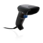 Corded Datalogic QuickScan QD2500 2D handheld barcode scanner with a black ergonomic design and integrated aiming line. The scanner features a durable construction, high-speed decoding of 1D and 2D barcodes, and a corded connection for reliable data transfer. Suitable for retail, healthcare, and logistics applications, providing fast and accurate barcode reading in various environments.
