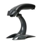 A Honeywell Voyager 1400g handheld barcode scanner mounted on a stand, featuring a sleek black design with an ergonomic shape. The scanner is designed for high-performance 1D barcode reading in retail, healthcare, and logistics environments, offering reliable scanning and easy handling for improved productivity.