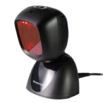 A Honeywell Youjie HF600 presentation area imaging scanner with a black body and a red scanning window, mounted on a stand. The device features a compact, ergonomic design suitable for retail, healthcare, and logistics environments, providing high-speed barcode scanning and easy hands-free operation.