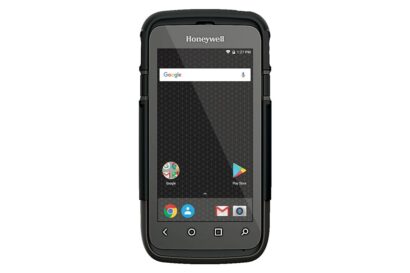 Front view of the Honeywell CT60 XP mobile computer featuring a rugged black design, large touchscreen display showing Android interface, and physical navigation buttons at the bottom, suited for industrial and enterprise use.