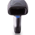 Forward-facing view of the Datalogic QM2500 QuickScan barcode scanner, featuring an ergonomic black design with a blue trigger and wide scanning window.