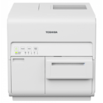 Toshiba BC400P desktop inkjet colour label printer in white, featuring a user-friendly control panel with status indicators and colour ink cartridges (Black, Cyan, Magenta, Yellow). Designed for high-quality, on-demand colour label printing in industrial and retail environments.
