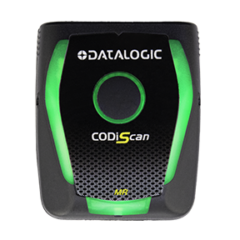 Datalogic CODiScan Wearable Bluetooth scanner featuring its compact, ergonomic design with illuminated green sides and central trigger button, ideal for hands-free barcode scanning in logistics, retail, and warehouse operations.