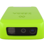 Front view of the Zebra RS2100 wearable scanner in bright green, highlighting its dual-lens barcode scanner for precise and efficient data capture. Compact and lightweight for hands-free use in industrial settings.