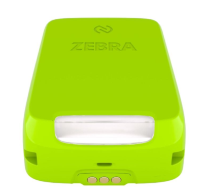 Close-up view of the Zebra RS2100 wearable scanner in a vibrant green finish, featuring a compact and lightweight design with visible charging connectors at the bottom. Ideal for hands-free barcode scanning in fast-paced work environments.