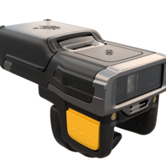Zebra RS6100 ring scanner showcasing its lightweight and rugged design with a clear front-facing scanning module, ergonomic black ring, and yellow trigger, optimized for hands-free barcode scanning in demanding environments.