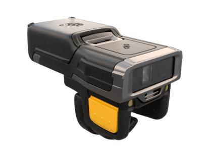 Zebra RS6100 ring scanner showcasing its lightweight and rugged design with a clear front-facing scanning module, ergonomic black ring, and yellow trigger, optimized for hands-free barcode scanning in demanding environments.